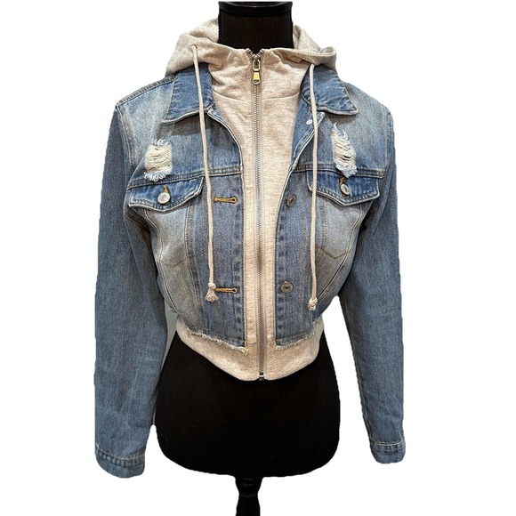 Love Tree Denim Jeans Cropped Jacket Girls Medium Full Zip & Button Gray Lining - Picture 3 of 10